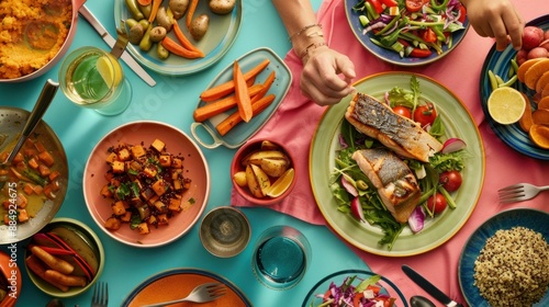 Wallpaper Mural A colorful, overhead shot of a family dinner table with various healthy dishes, such as grilled fish, quinoa salad, roasted sweet potatoes, and steamed vegetables Torontodigital.ca