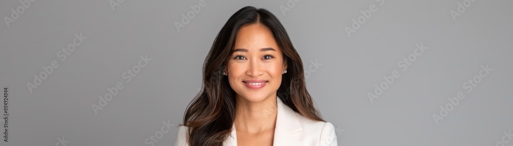 Woman in white blazer, long hair, gray background, confident professional Woman in white blazer, long hair, gray background, confident professional