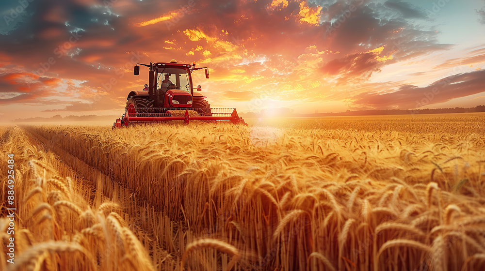 Fototapeta premium A red heavy truck and tractor working in the field at sunset