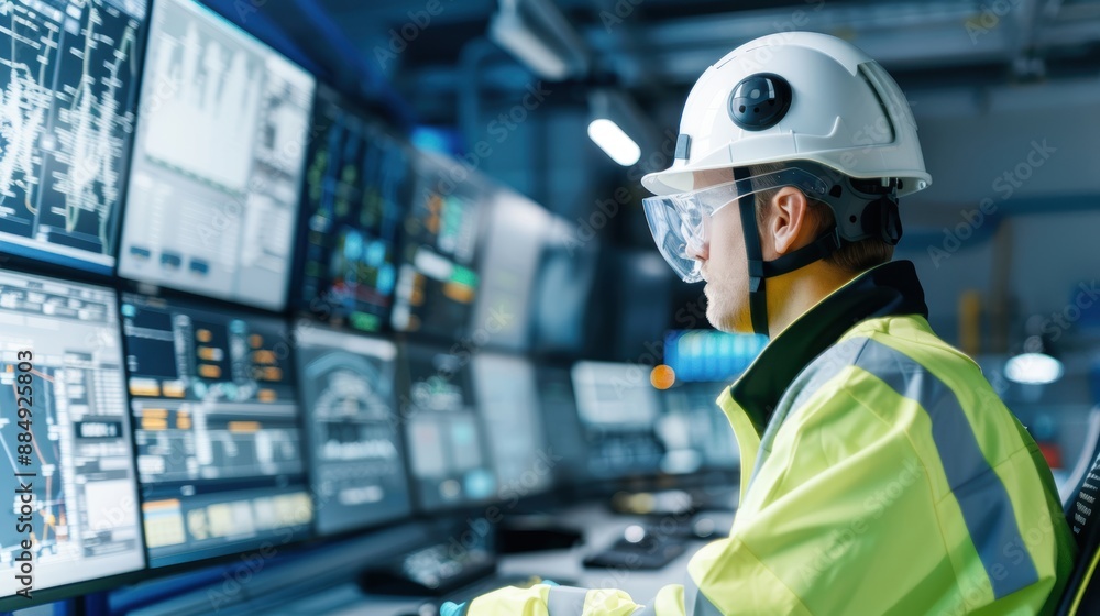 High-tech control room for clean energy, engineer in safety gear, managing grid technologies High-tech control room for clean energy, engineer in safety gear, managing grid technologies