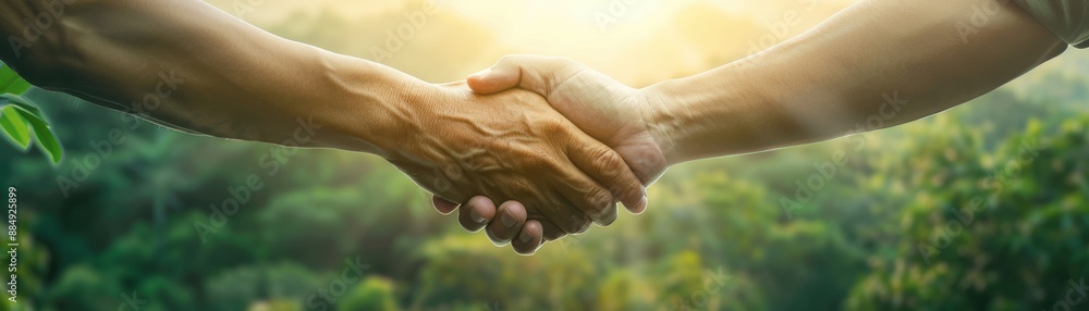 Fototapeta premium Handshake overlaid with nature scenery, conveying sustainable business partnerships and environmental commitment