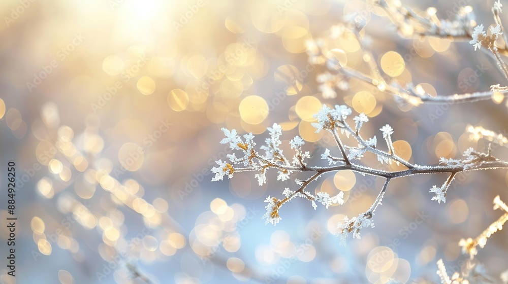 Tranquil winter morning scene with soft frost and warm light on a soft blurred background Tranquil winter morning scene with soft frost and warm light on a soft blurred background