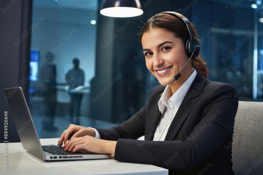 Business people Wearing Telephone Headset Talking To Caller In Customer Services Department Business people Wearing Telephone Headset Talking To Caller In Customer Services Department