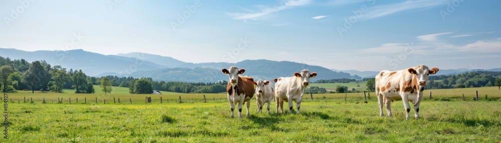 Cow in green pasture, blue sky backdrop, idyllic dairy farm life Cow in green pasture, blue sky backdrop, idyllic dairy farm life