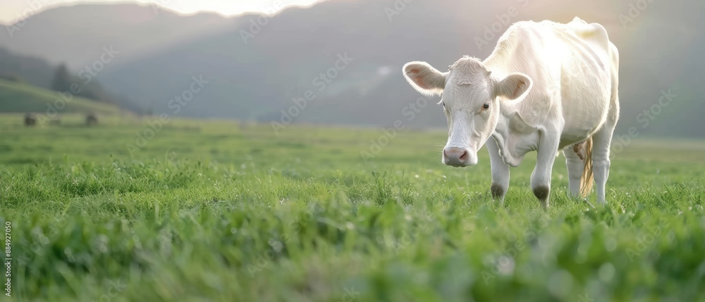 Obraz premium Cow grazing on lush green pasture, clear sky background, serene dairy farm