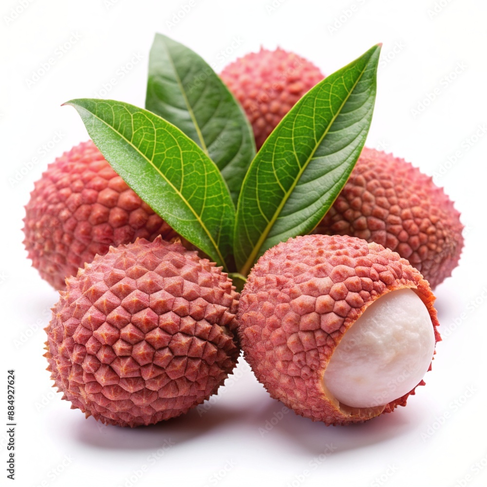 Tropical lychee fruit with leaves on transparent background.
Tropical lychee fruit with leaves on transparent background.