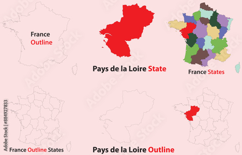 Pays de la Loire map vector of france, Pays de la Loire line map, Pays de la Loire with city map, Pays de la Loire outline map