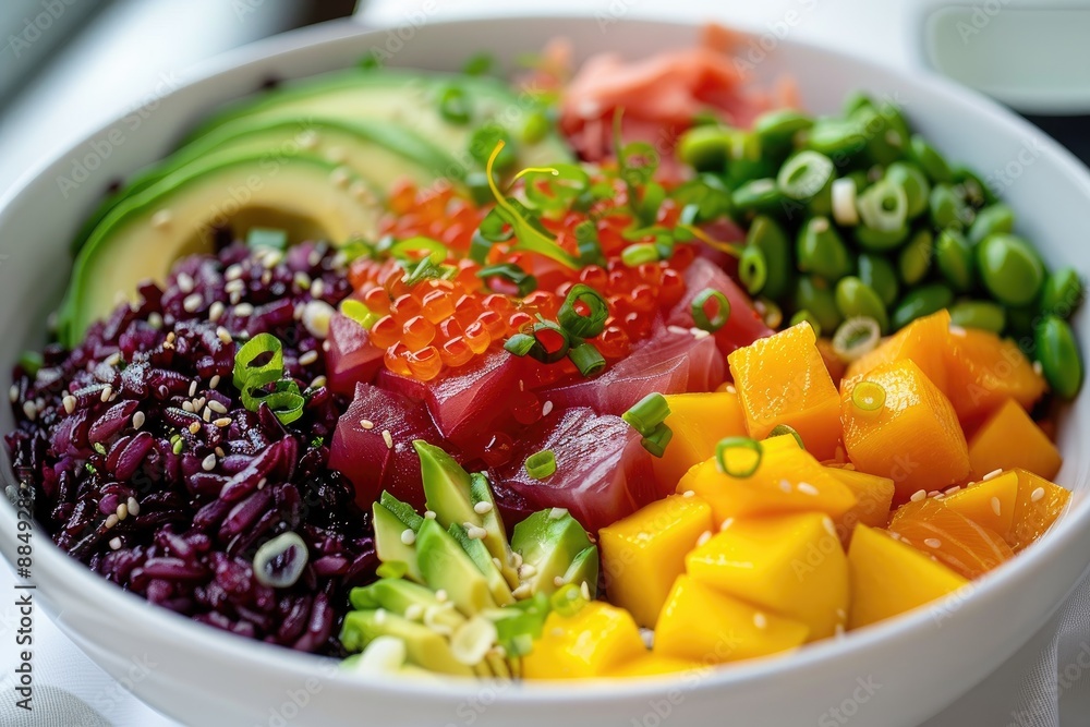 A colorful poke bowl featuring fresh tuna, diced mango, edamame, roe, purple cabbage, and avocado in a ceramic bowl, topped with sesame seeds and green onions. A colorful poke bowl featuring fresh tuna, diced mango, edamame, roe, purple cabbage, and avocado in a ceramic bowl, topped with sesame seeds and green onions.