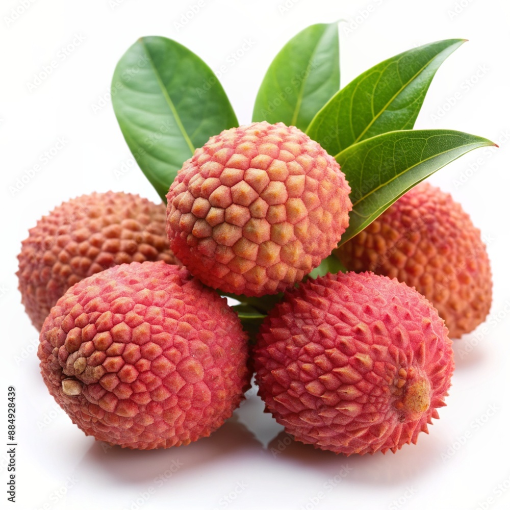 Tropical lychee fruit with leaves on transparent background.
Tropical lychee fruit with leaves on transparent background.