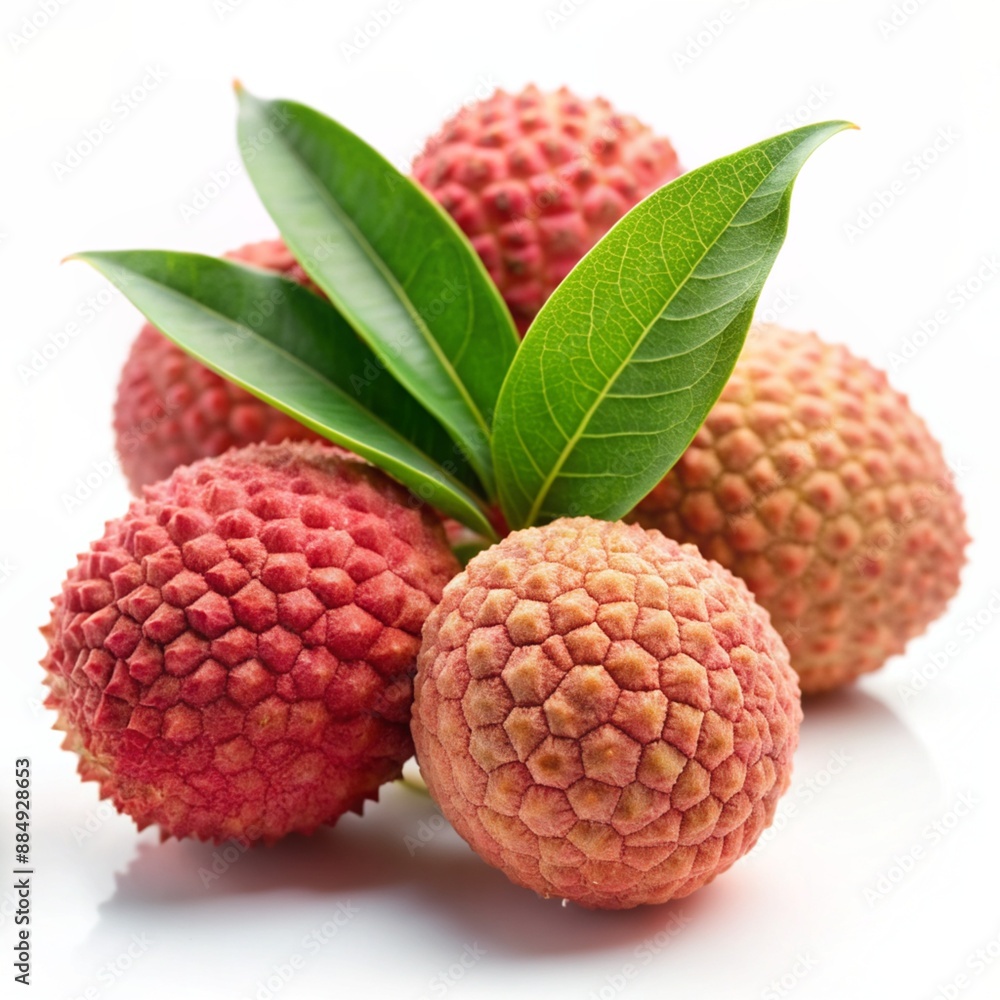 Tropical lychee fruit with leaves on transparent background.
Tropical lychee fruit with leaves on transparent background.