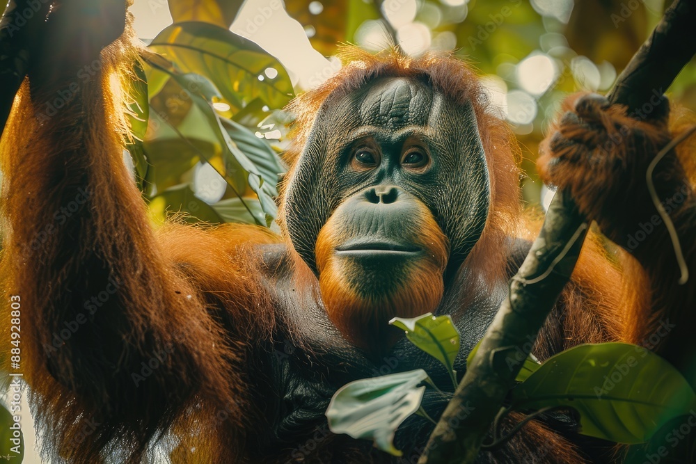 Fototapeta premium Male orangutan clings to a tree branch, basking in the bright sunlight that filters through the lush green leaves of a tropical forest, showcasing nature's beauty and vitality.