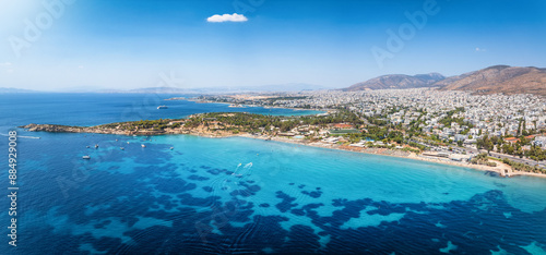 Fototapeta Naklejka Na Ścianę i Meble -  Aerial view of the beautiful beaches of south Athens Riviera, Greece, in Voula