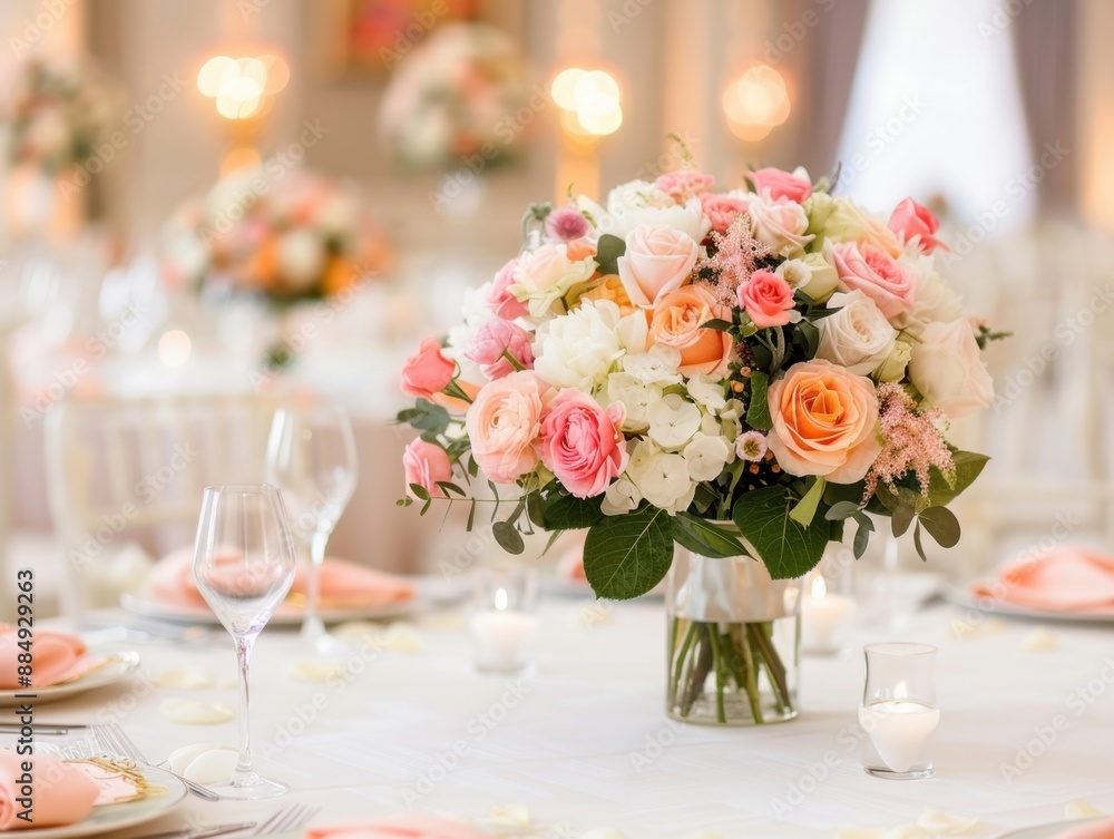 Luxurious indoor wedding reception with elaborate decor and vibrant colors, creating a lavish atmosphere, with ample copy space and a deep depth of field. Luxurious indoor wedding reception with elaborate decor and vibrant colors, creating a lavish atmosphere, with ample copy space and a deep depth of field.