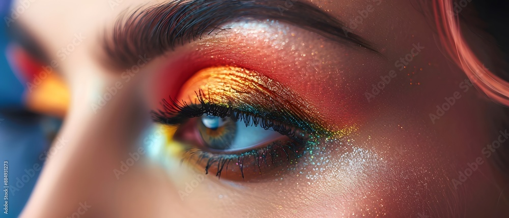 Close-up of a woman's eye with vibrant and colorful makeup, showcasing artistic eyeshadow blending in shades of orange, red, and yellow. Close-up of a woman's eye with vibrant and colorful makeup, showcasing artistic eyeshadow blending in shades of orange, red, and yellow.