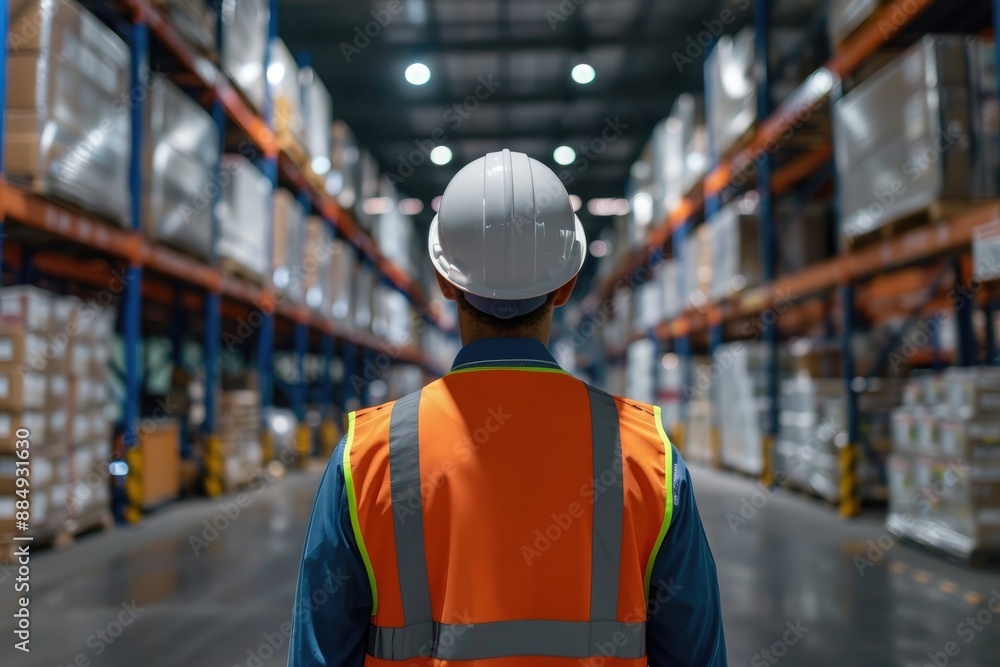 Rear view of male engineer wearing safety vest and hardhat in warehouse. This is a freight transportation and distribution warehouse. Industrial and industrial workers concept Rear view of male engineer wearing safety vest and hardhat in warehouse. This is a freight transportation and distribution warehouse. Industrial and industrial workers concept