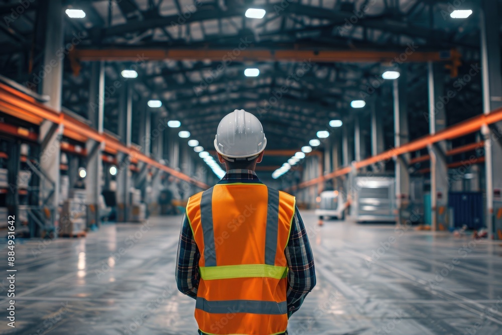 Rear view of male engineer wearing safety vest and hardhat in warehouse. This is a freight transportation and distribution warehouse. Industrial and industrial workers concept Rear view of male engineer wearing safety vest and hardhat in warehouse. This is a freight transportation and distribution warehouse. Industrial and industrial workers concept