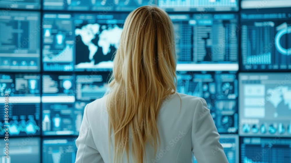 A businesswoman analyzing KPI metrics on screens and charts for sales evaluation and business results. A businesswoman analyzing KPI metrics on screens and charts for sales evaluation and business results.