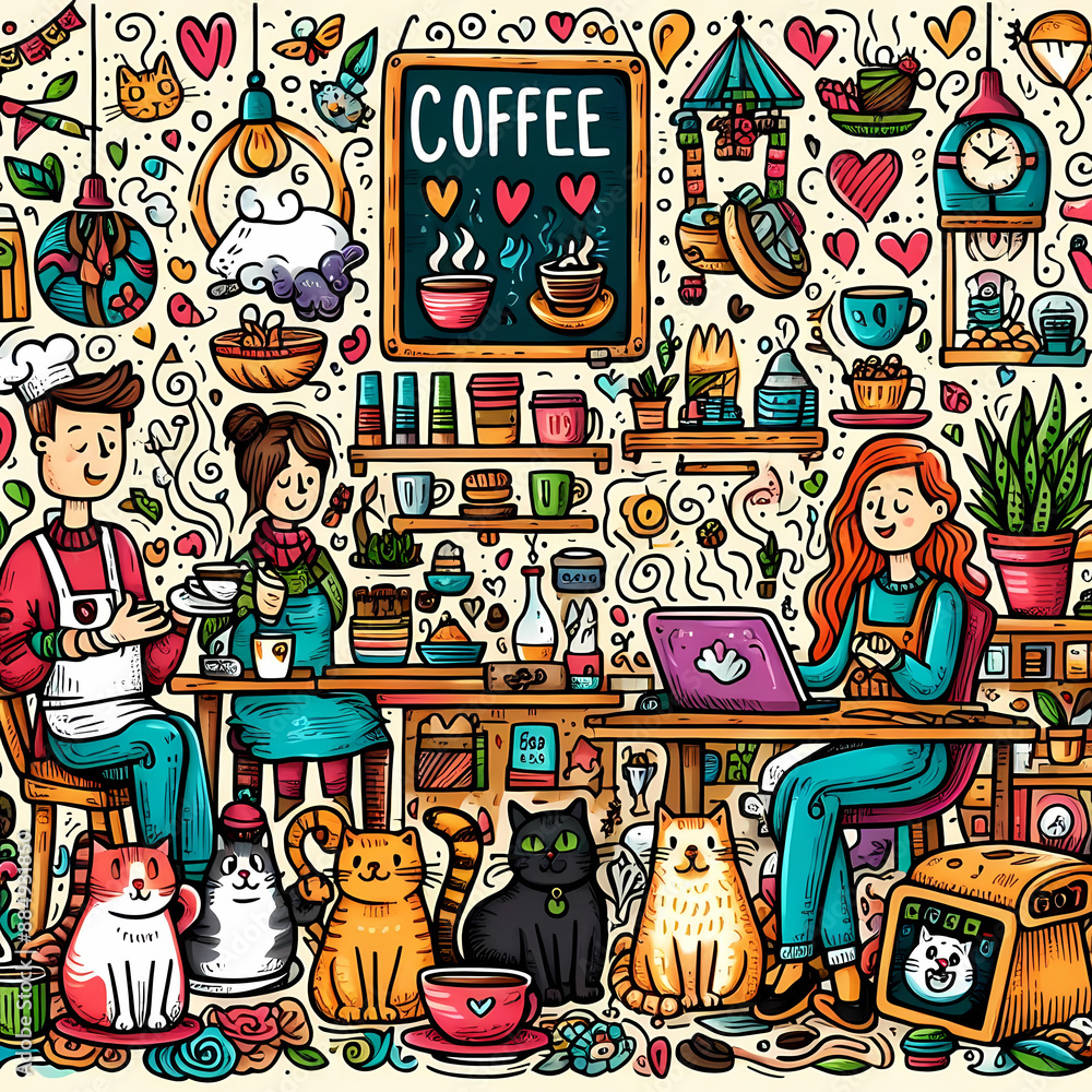 Fototapeta premium Doodle Art Cartoon of Cozy Café