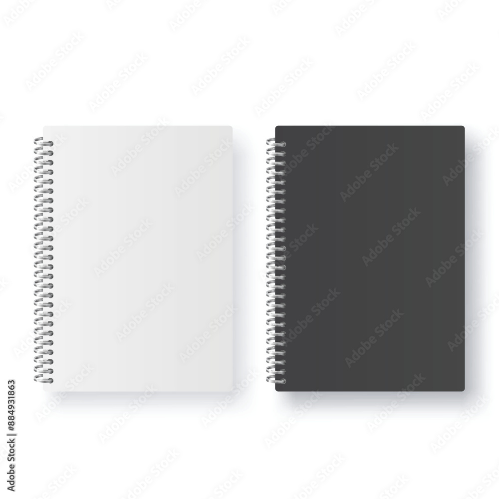 Two spiral notebooks: one white cover, one black cover, isolated. Vector Two spiral notebooks: one white cover, one black cover, isolated. Vector