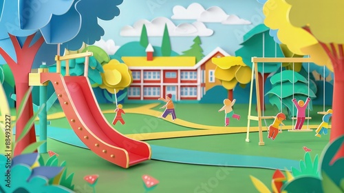 A brightly colored, detailed playground scene, constructed entirely from layered paper cutouts, features a prominent red slide, swings.