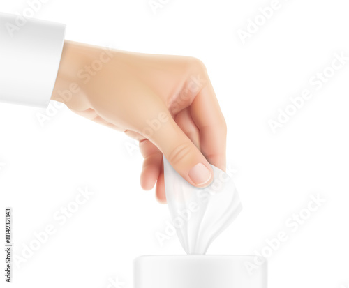 Open wet wipes canister mockup with hand. Vector illustration isolated on white background. Easy to customise for your product, promo or ad. EPS10.	