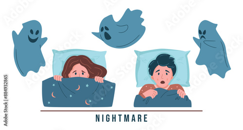 Kid nightmare illustration. A frightened children have a bad dream,they are afraid of a monsters and pulling blanket. Sleep disorder, insomnia, childhood nightmares, bad dreams concept. Vector design