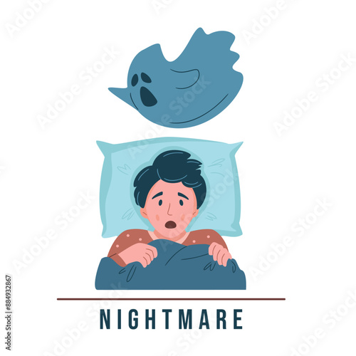 Kid nightmare illustration. A frightened boy has a bad dream, he is afraid of a monsters and pulling blanket. Sleep disorder, insomnia, childhood nightmares, bad dreams concept. Flat vector design