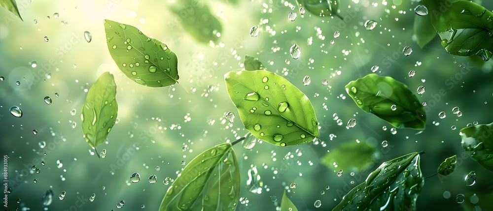 Fresh green leaves with water droplets on them illuminated by sun rays, creating a refreshing and tranquil nature scene. Fresh green leaves with water droplets on them illuminated by sun rays, creating a refreshing and tranquil nature scene.