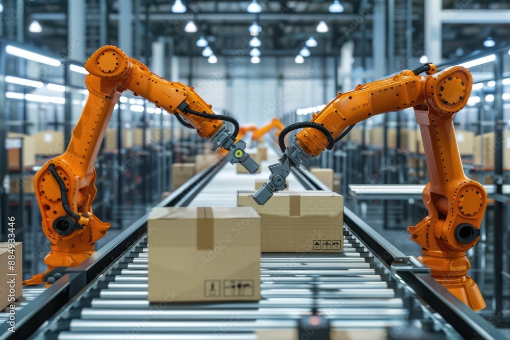 Orange robotic arms in modern factory moving carton boxes on conveyor belt Orange robotic arms in modern factory moving carton boxes on conveyor belt