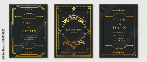 Luxury wedding invitation card vector. Elegant art deco classic antique design, gold lines gradient, frame on dark green background. Premium design illustration for gala, grand opening, VIP cover.