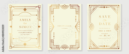 Luxury wedding invitation card vector. Elegant art deco classic antique design, gold lines gradient, frame on light background. Premium design illustration for gala, grand opening, VIP cover.