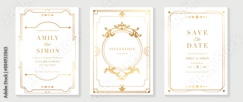 Luxury wedding invitation card vector. Elegant art deco classic antique design, gold lines gradient, frame on light background. Premium design illustration for gala, grand opening, VIP cover.