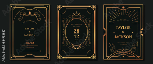 Luxury wedding invitation card vector. Elegant art deco classic antique design, gold lines gradient, frame on dark background. Premium design illustration for gala, grand opening, VIP cover.