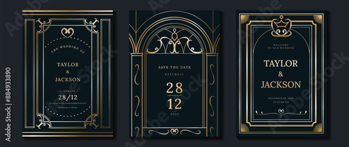 Luxury wedding invitation card vector. Elegant art deco classic antique design, gold lines gradient, frame on navy blue background. Premium design illustration for gala, grand opening, VIP cover.