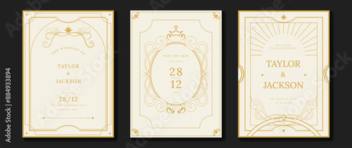 Luxury wedding invitation card vector. Elegant art deco classic antique design, gold lines gradient, frame on light background. Premium design illustration for gala, grand opening, VIP cover.