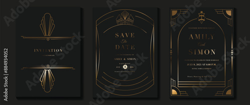 Luxury wedding invitation card vector. Elegant art deco classic antique design, gold lines gradient, frame on dark background. Premium design illustration for gala, grand opening, VIP cover.