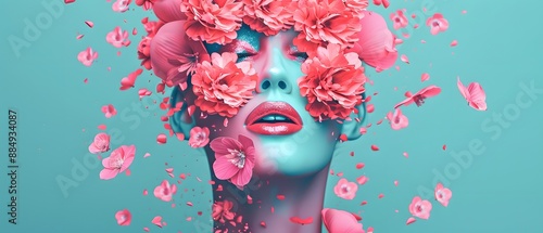 Surreal portrait of a woman with pink flowers covering her face, creating an artistic and vibrant contrast against a turquoise background.