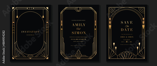 Luxury wedding invitation card vector. Elegant art deco classic antique design, gold lines gradient, frame on dark background. Premium design illustration for gala, grand opening, VIP cover.