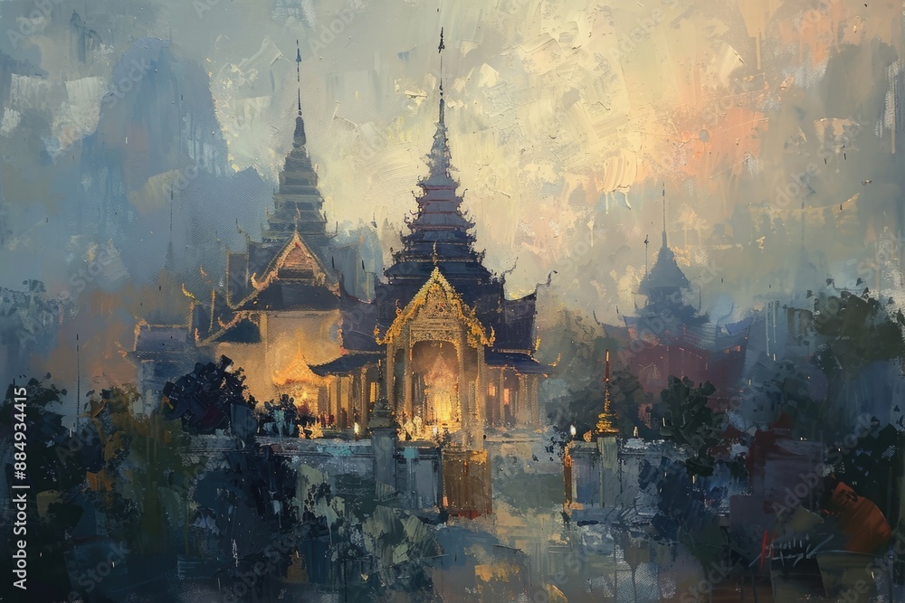 An evocative oil painting of a majestic Thai temple, portrayed on canvas with expressive brushstrokes and atmospheric depth that convey a sense of timelessness An evocative oil painting of a majestic Thai temple, portrayed on canvas with expressive brushstrokes and atmospheric depth that convey a sense of timelessness