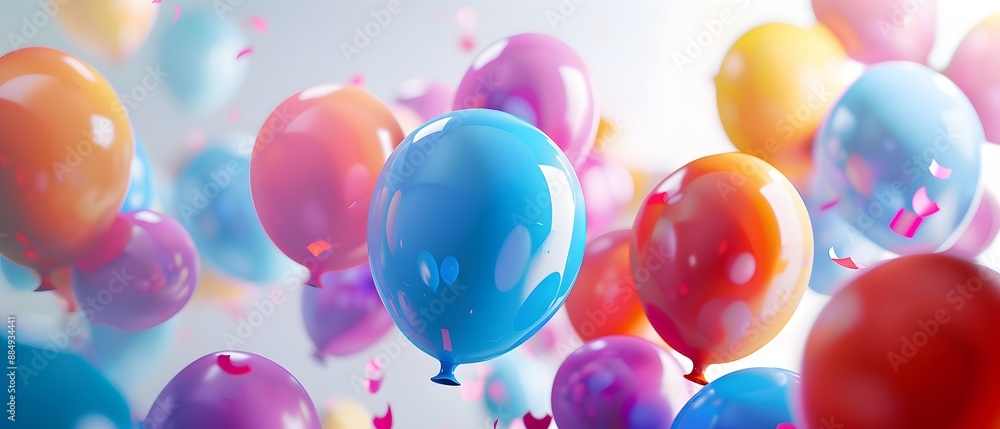 Vibrant colorful balloons floating in the air with confetti, creating a festive and cheerful atmosphere perfect for celebrations. Vibrant colorful balloons floating in the air with confetti, creating a festive and cheerful atmosphere perfect for celebrations.