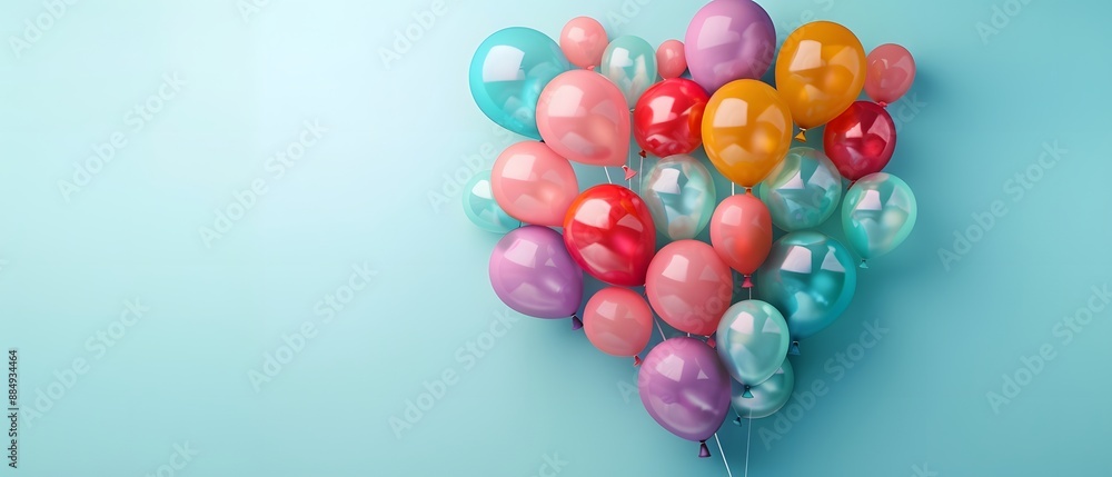 Vibrant colorful balloons in heart shape floating against light blue background. Festive celebration and party decoration concept. Vibrant colorful balloons in heart shape floating against light blue background. Festive celebration and party decoration concept.