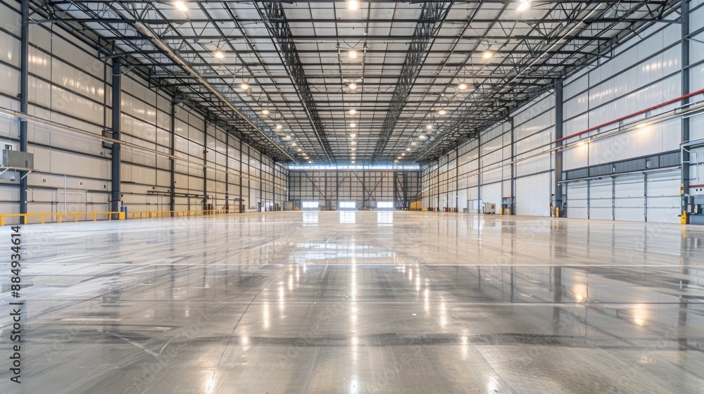 A spotless smart warehouse with clean surfaces and ample natural light. The bright, clear lighting and organized layout highlight its modern design. A spotless smart warehouse with clean surfaces and ample natural light. The bright, clear lighting and organized layout highlight its modern design.