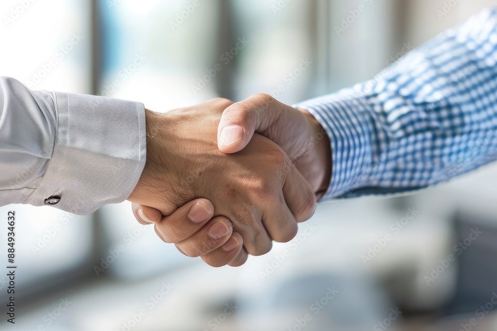Real estate professionals smiling and shaking hands in an office, representing a successful property deal and mutual trust Real estate professionals smiling and shaking hands in an office, representing a successful property deal and mutual trust