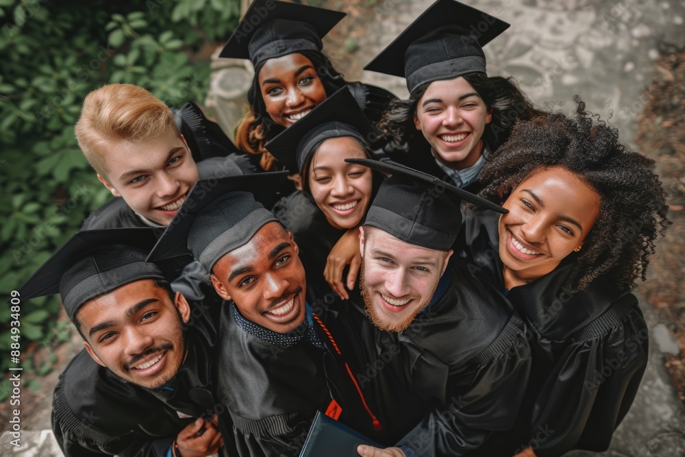 Obraz premium Happy diverse multiethnic graduates in black caps and gowns, huddled together and showing their diplomas with pride and joy