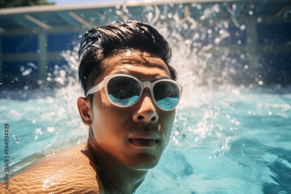 Naklejka premium 32-year-old Asian man swimming in an outdoor pool under extreme heat conditions
