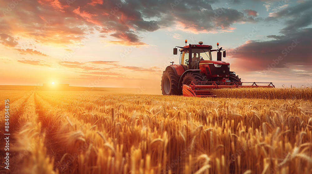 Fototapeta premium A red heavy truck and tractor working in the field at sunset