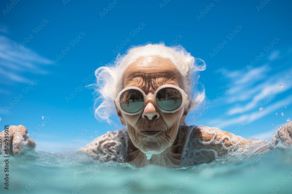 Fototapeta premium 74-year-old Middle Eastern woman swimming in an outdoor pool under extreme heat
