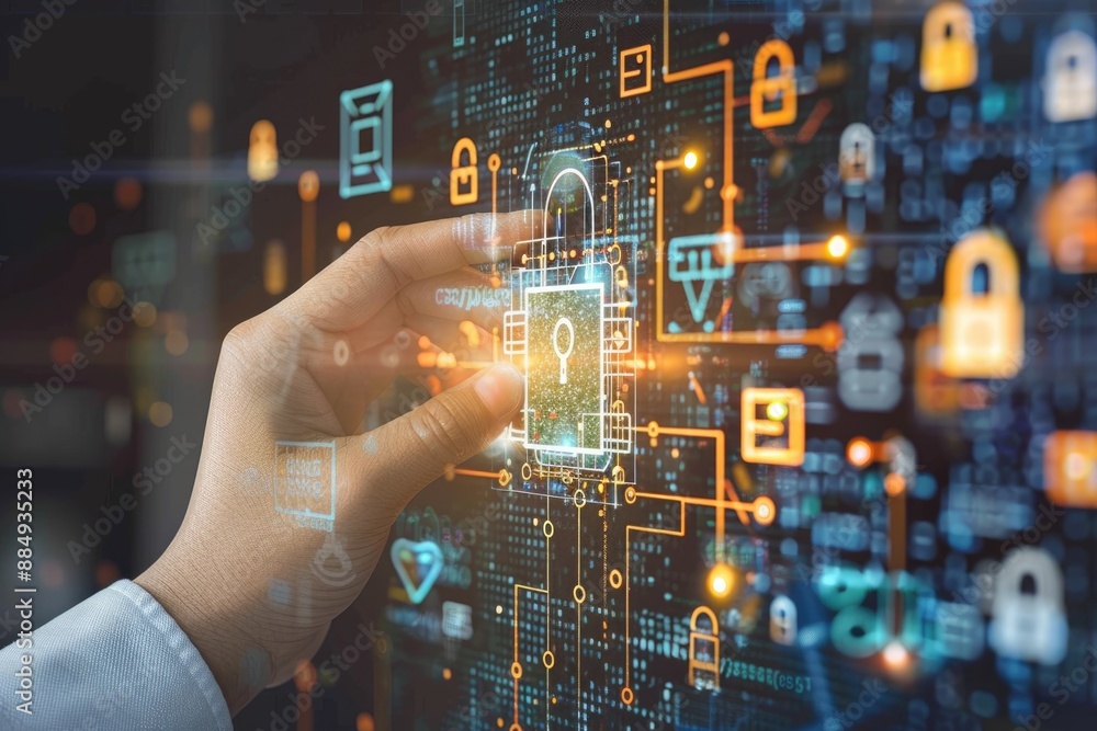 Hand displaying a hologram padlock with a background of digital codes and security icons, representing cyber security Hand displaying a hologram padlock with a background of digital codes and security icons, representing cyber security