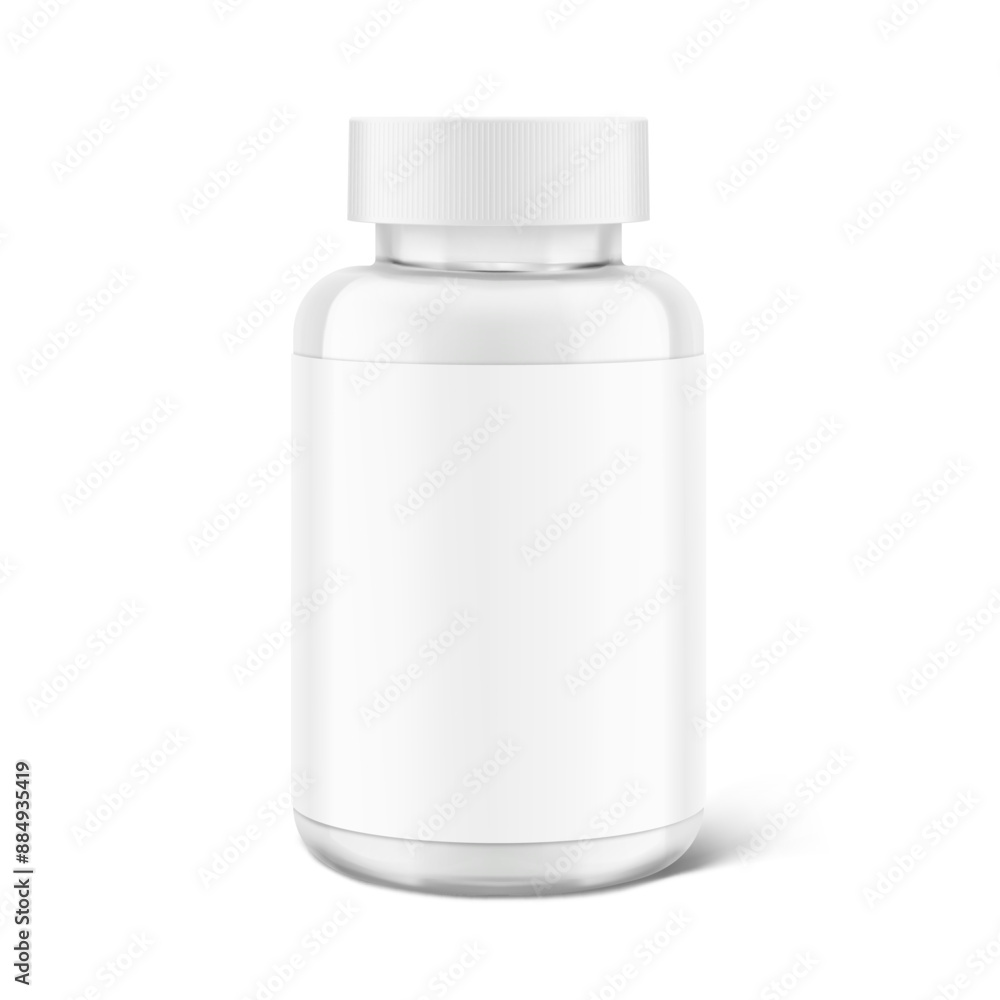 Clear eye catching pill bottle with label mockup for treats, vitamins, supplements isolated on white background. Vector illustration. ready for your design. EPS10. Clear eye catching pill bottle with label mockup for treats, vitamins, supplements isolated on white background. Vector illustration. ready for your design. EPS10.