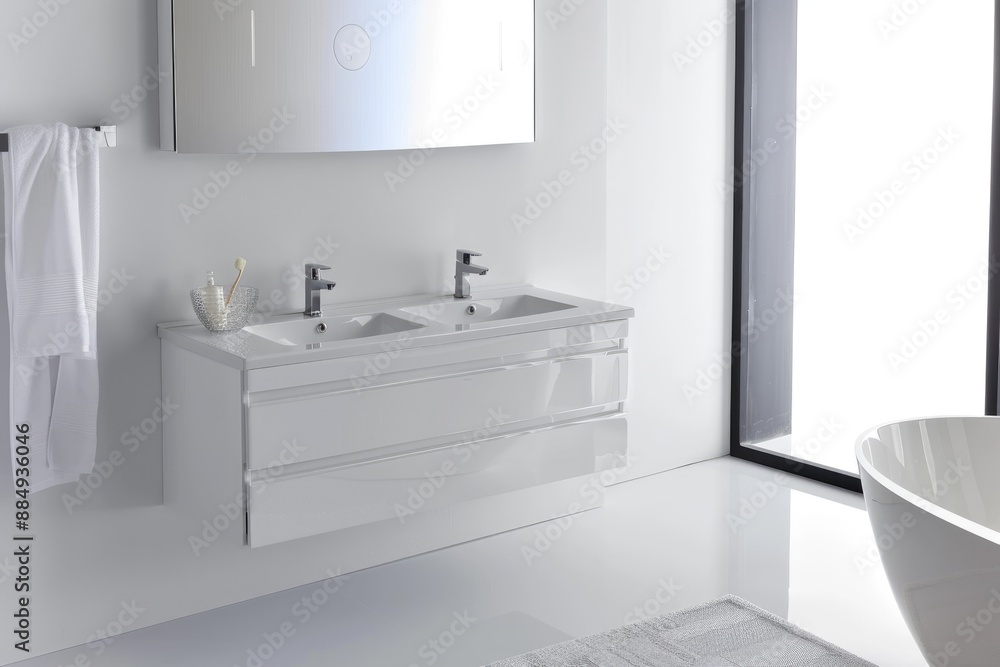 Simple and elegant white bathroom featuring a floating vanity and modern decor Simple and elegant white bathroom featuring a floating vanity and modern decor